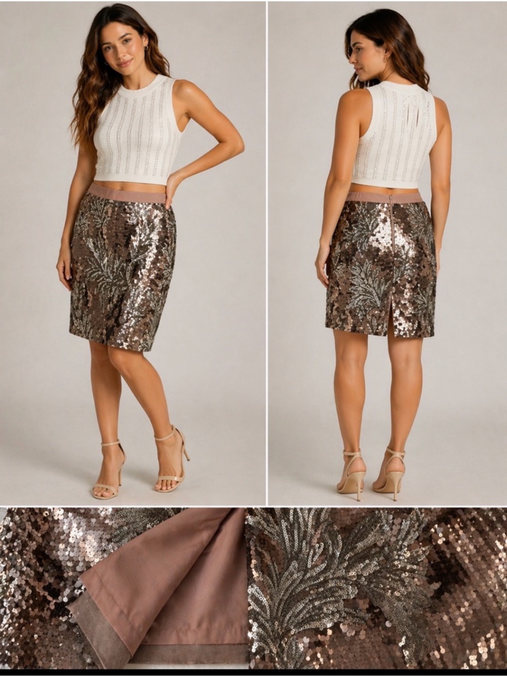 Pure Collection Sequin Pencil Skirt Metallic Bronze Knee Length Party US 12